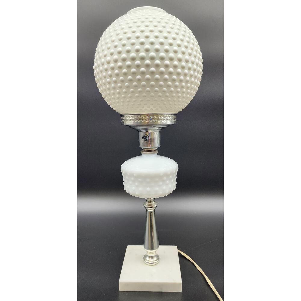 Vintage Hobnail Milk Glass Parlor Lamp Marble Base 20" Working LED Bulb